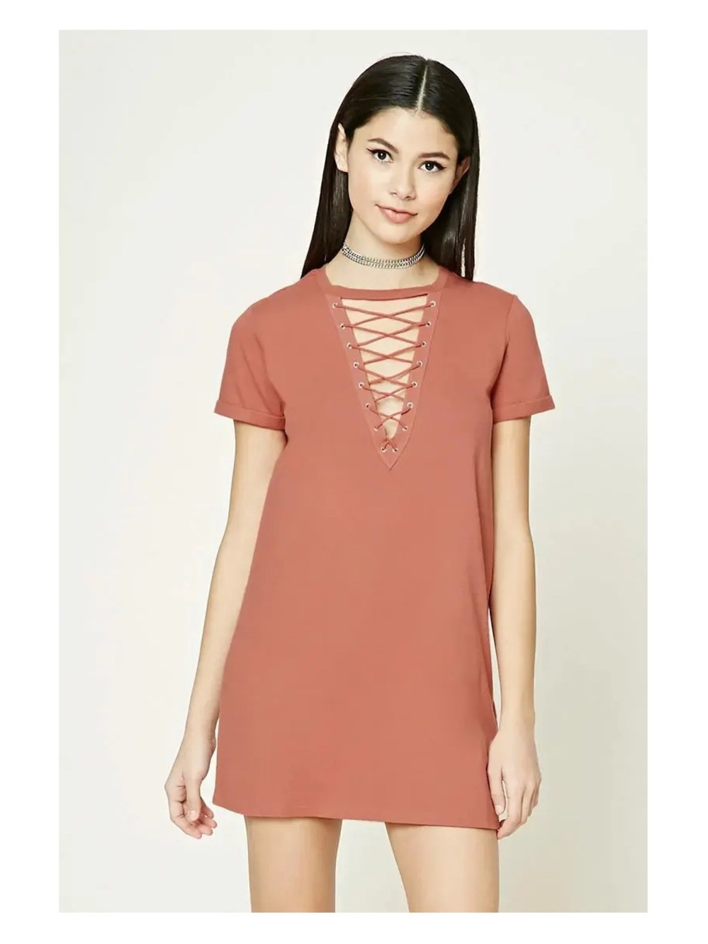 Forever 21 Lace-Up Short Sleeve Dress - Rust
